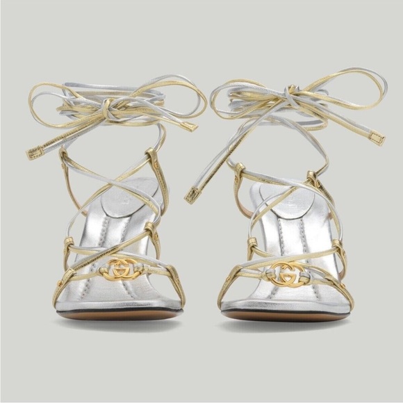 ISO WOMEN'S INTERLOCKING G METALLIC LEATHER TIE-UP SANDALS IN PLATINO SILVER - Picture 1 of 4